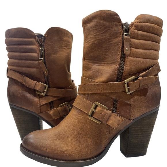 Revolve Steve Madden Raleighh Tall Distressed Buckled Heeled Boots Cognac US 10 - Picture 6 of 10